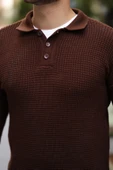 Modern Fit Polo Yaka Çizgili Triko Kazak - Kahve - 5