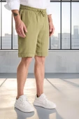 Hafif ve Rahat Duble Paça Müslin Erkek Şort - Açık Haki thumbnail 8