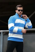 Pedro Oversize Çizgili Selanik Örgülü Yarım Fermuar Triko Erkek Kazak - Mavi thumbnail 3