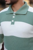 Düğmeli Polo Yaka Yarım Oversize Çizgili Triko Kazak - Yeşil - 2