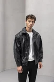 Bomber Oversize Kalıp Deri Görünümlü Yan Cepli Erkek Ceket - Siyah thumbnail 6