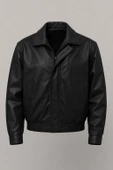 Bomber Oversize Kalıp Deri Görünümlü Yan Cepli Erkek Ceket - Siyah thumbnail 1
