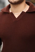 Joris Oversize Gömlek Polo Yaka Selanik Örgülü Erkek Triko Kazak - Kahve - 4
