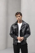 Bomber Oversize Kalıp Deri Görünümlü Yan Cepli Erkek Ceket - Siyah thumbnail 2