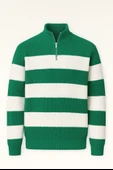 Pedro Oversize Çizgili Selanik Örgülü Yarım Fermuar Triko Erkek Kazak - Yeşil thumbnail 1
