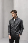 Denzel Düğmeli Yan Cepli Deri Görünümlü Erkek Ceket - Siyah thumbnail 3