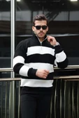 Pedro Oversize Çizgili Selanik Örgülü Yarım Fermuar Triko Erkek Kazak - Siyah thumbnail 2