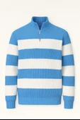 Pedro Oversize Çizgili Selanik Örgülü Yarım Fermuar Triko Erkek Kazak - Mavi thumbnail 1