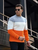 Parça Desen Bisiklet Yaka Erkek Kazak - Turuncu thumbnail 2