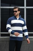 Pedro Oversize Çizgili Selanik Örgülü Yarım Fermuar Triko Erkek Kazak - İndigo thumbnail 3