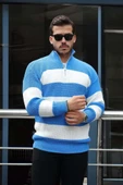 Pedro Oversize Çizgili Selanik Örgülü Yarım Fermuar Triko Erkek Kazak - Mavi thumbnail 5