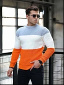 Parça Desen Bisiklet Yaka Erkek Kazak - Turuncu thumbnail 4