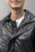 Bomber Oversize Kalıp Deri Görünümlü Yan Cepli Erkek Ceket - Siyah thumbnail 3