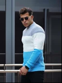 Parça Desen Bisiklet Yaka Erkek Kazak - Mavi thumbnail 4