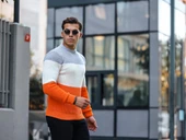 Parça Desen Bisiklet Yaka Erkek Kazak - Turuncu thumbnail 6