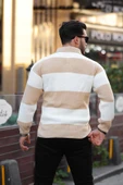 Düğmeli Polo Yaka Yarım Oversize  Çizgili Triko Kazak - Bej thumbnail 3