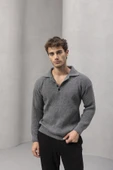 Oversize Selanik Örgü 4 Düğmeli Yarım Pat Rahat Kalıp Erkek Triko Kazak - Füme thumbnail 2