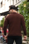 Modern Fit Polo Yaka Çizgili Triko Kazak - Kahve - 4