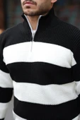 Pedro Oversize Çizgili Selanik Örgülü Yarım Fermuar Triko Erkek Kazak - Siyah thumbnail 3