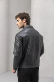Denzel Düğmeli Yan Cepli Deri Görünümlü Erkek Ceket - Siyah thumbnail 7