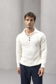 Oversize Selanik Örgü 4 Düğmeli Yarım Pat Rahat Kalıp Erkek Triko Kazak - Ekru - 4