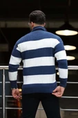 Pedro Oversize Çizgili Selanik Örgülü Yarım Fermuar Triko Erkek Kazak - İndigo thumbnail 6