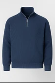 Nolan Oversize Selanik Örgü Yarım Fermuar Erkek Triko Kazak - İndigo thumbnail 1