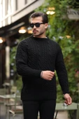 Comfort Fit Saç Örgü Bisiklet Yaka Triko Kazak - Siyah thumbnail 1