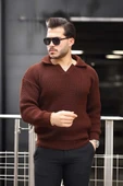 Joris Oversize Gömlek Polo Yaka Selanik Örgülü Erkek Triko Kazak - Kahve - 3
