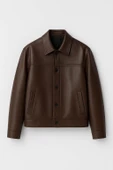 Denzel Düğmeli Yan Cepli Deri Görünümlü Erkek Ceket - Kahve thumbnail 1