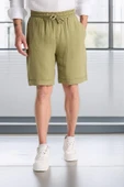 Hafif ve Rahat Duble Paça Müslin Erkek Şort - Açık Haki thumbnail 6