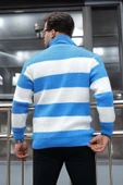 Pedro Oversize Çizgili Selanik Örgülü Yarım Fermuar Triko Erkek Kazak - Mavi thumbnail 6