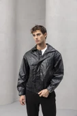 Bomber Oversize Kalıp Deri Görünümlü Yan Cepli Erkek Ceket - Siyah thumbnail 5