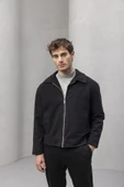 Kaşe Kumaş Fileto Cepli Fermuarlı Erkek Ceket - Siyah thumbnail 2