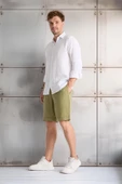 Hafif ve Rahat Duble Paça Müslin Erkek Şort - Açık Haki thumbnail 4