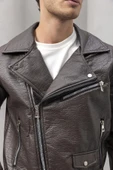 Russell Çok Cepli Biker Deri Görünümlü Erkek Ceket - Kahve thumbnail 3