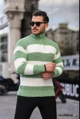 Yarım Fermuar Çizgili Triko Kazak - Yeşil thumbnail 3