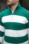 Pedro Oversize Çizgili Selanik Örgülü Yarım Fermuar Triko Erkek Kazak - Yeşil thumbnail 4