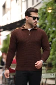 Modern Fit Polo Yaka Çizgili Triko Kazak - Kahve - 2