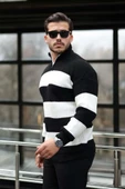 Pedro Oversize Çizgili Selanik Örgülü Yarım Fermuar Triko Erkek Kazak - Siyah thumbnail 5