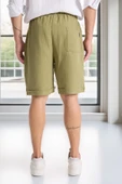 Hafif ve Rahat Duble Paça Müslin Erkek Şort - Açık Haki thumbnail 9