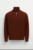 Nolan Oversize Selanik Örgü Yarım Fermuar Erkek Triko Kazak - Kahve thumbnail 1