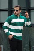 Pedro Oversize Çizgili Selanik Örgülü Yarım Fermuar Triko Erkek Kazak - Yeşil thumbnail 2