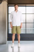Hafif ve Rahat Duble Paça Müslin Erkek Şort - Açık Haki thumbnail 3