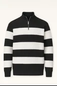 Pedro Oversize Çizgili Selanik Örgülü Yarım Fermuar Triko Erkek Kazak - Siyah thumbnail 1