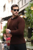 Modern Fit Polo Yaka Çizgili Triko Kazak - Kahve - 3