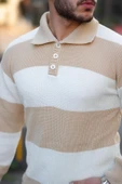 Düğmeli Polo Yaka Yarım Oversize  Çizgili Triko Kazak - Bej thumbnail 4