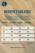 Düğmeli Polo Yaka Yarım Oversize  Çizgili Triko Kazak - Mavi - 5