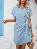 Kadın Kısa Kollu Yakalı Yandan Bağlamalı Dokuma Elbise thumbnail 4