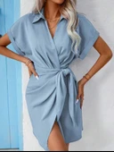 Kadın Kısa Kollu Yakalı Yandan Bağlamalı Dokuma Elbise thumbnail 2